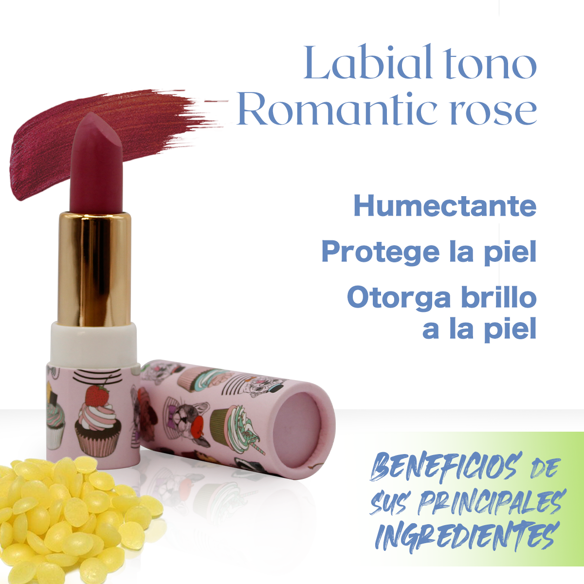 Labial hidratante natural de cera de candelilla, manteca de karite, vitamina E y pigmentos naturales 6g, Tono Romantic rose de bulldog