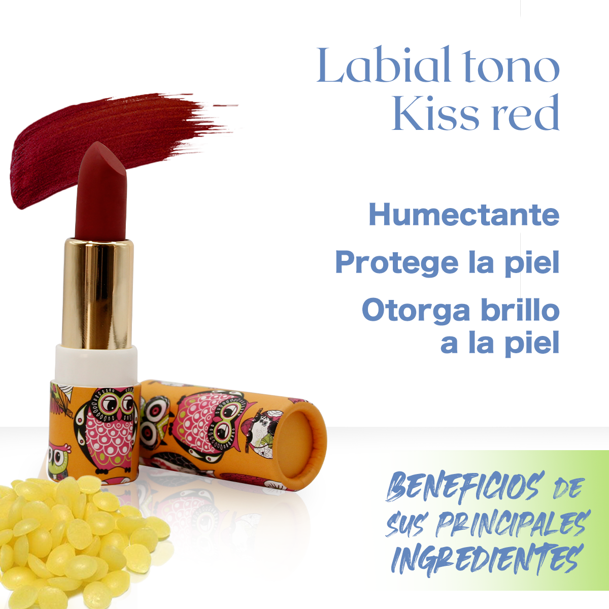 Labial hidratante natural de cera de candelilla, manteca de karite, vitamina E y pigmentos naturales 6g, Tono Kiss red búhos