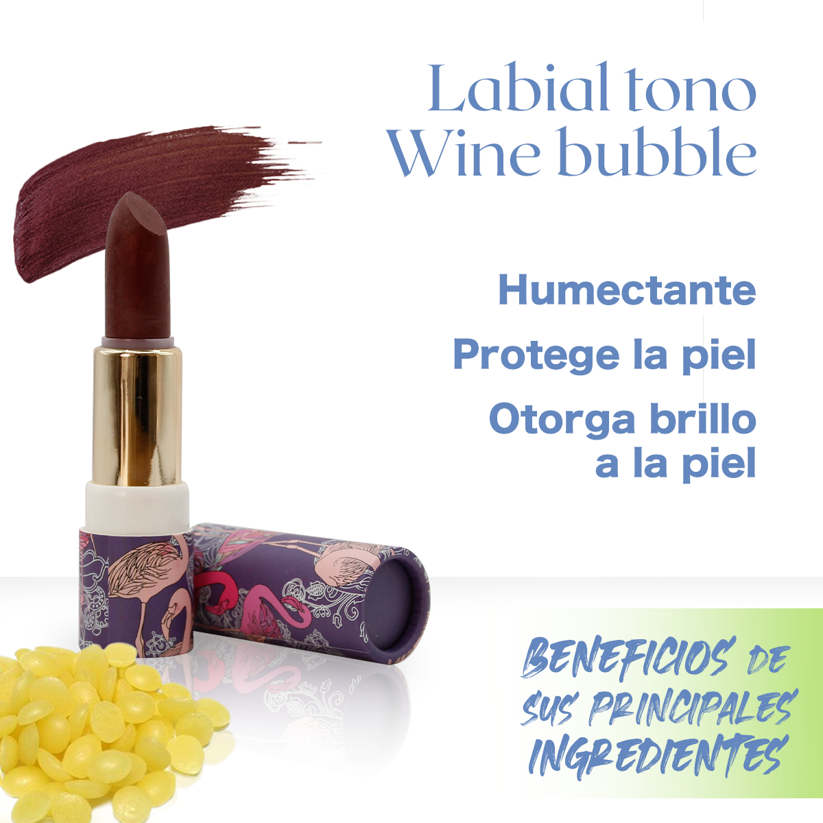 Labial hidratante natural de cera de candelilla, manteca de karite, vitamina E y pigmentos naturales, tono Wine Bubble 6g de flamenco