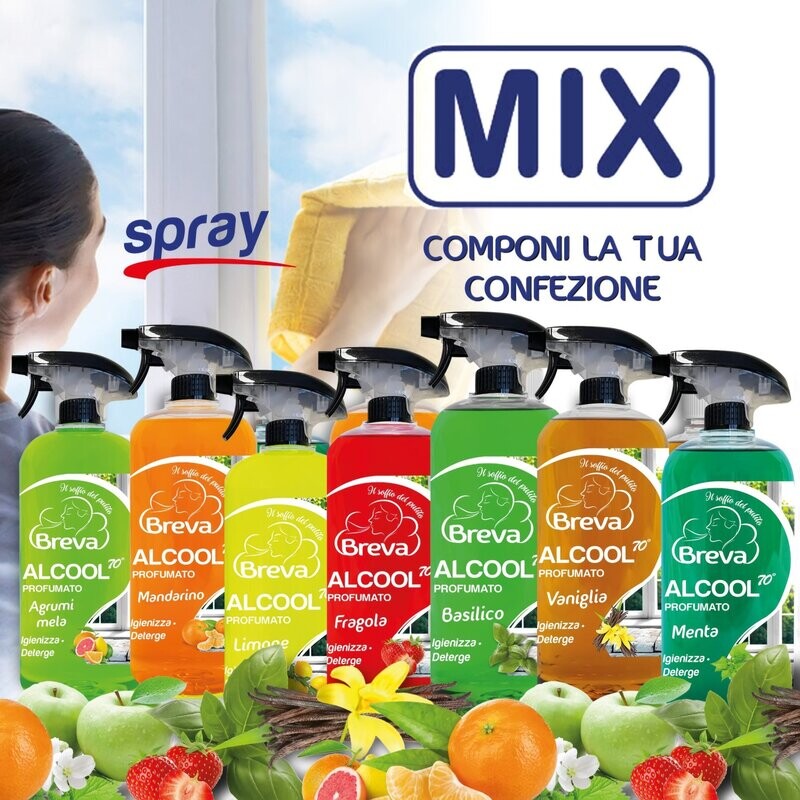 ALCOOL COLORATO 70° SPRAY  MIX​ AROMI 750 ML (Conf. da 1/3/6/12 flaconi) COMPONI LA TUA CONFEZIONE