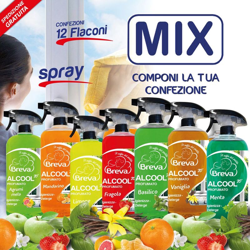 PROMO SPEDIZIONE GRATUITA ALCOOL COLORATO 70° SPRAY MIX AROMI 750 ML – CONFEZIONE DA 12 FLACONI – COMPONI LA TUA CONFEZIONE