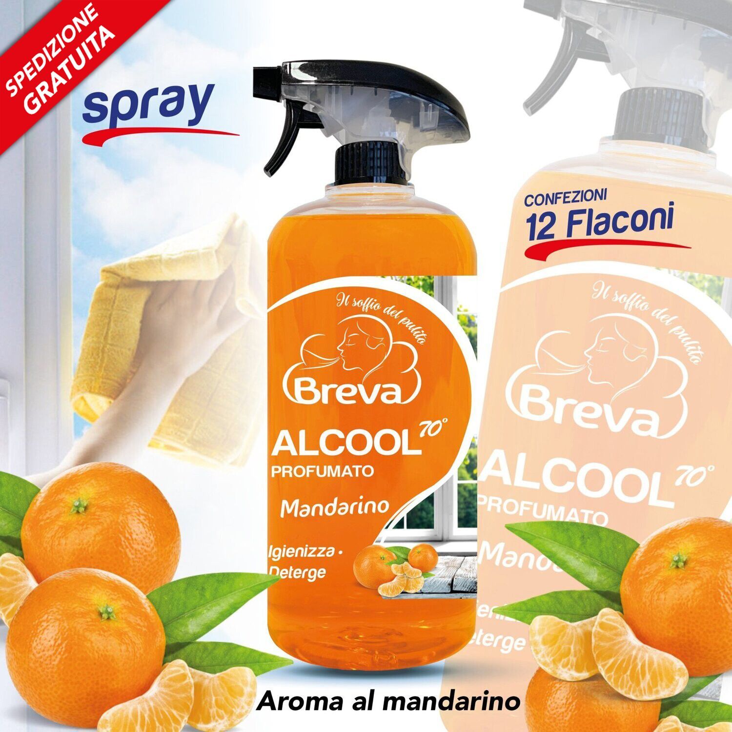 PROMO SPEDIZIONE GRATUITA ALCOOL COLORATO 70° SPRAY PROFUMATO MANDARINO 750 ML (Conf. 12 flaconi)