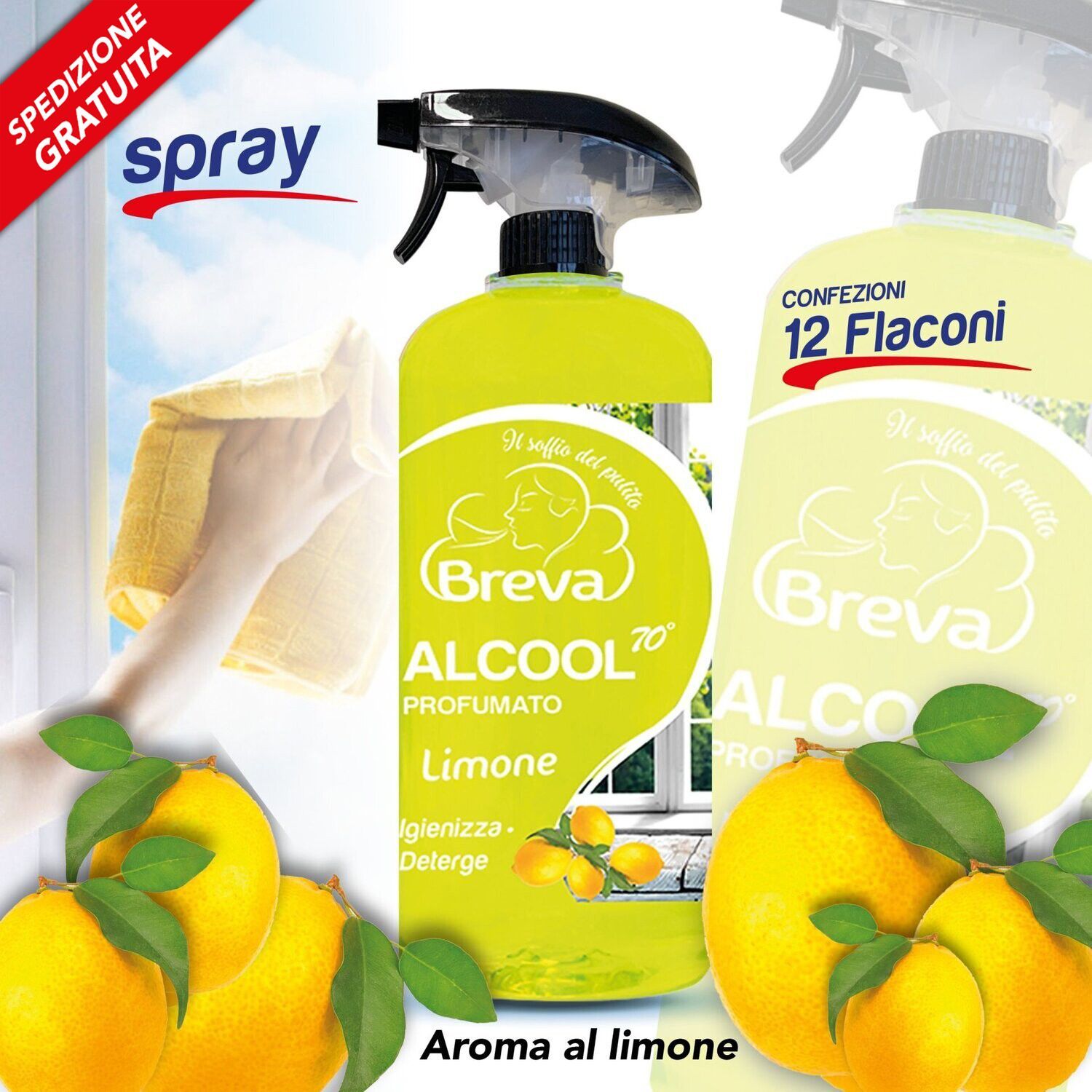 PROMO SPEDIZIONE GRATUITA ALCOOL COLORATO 70° SPRAY PROFUMATO LIMONE 750 ML (Conf. 12 flaconi)