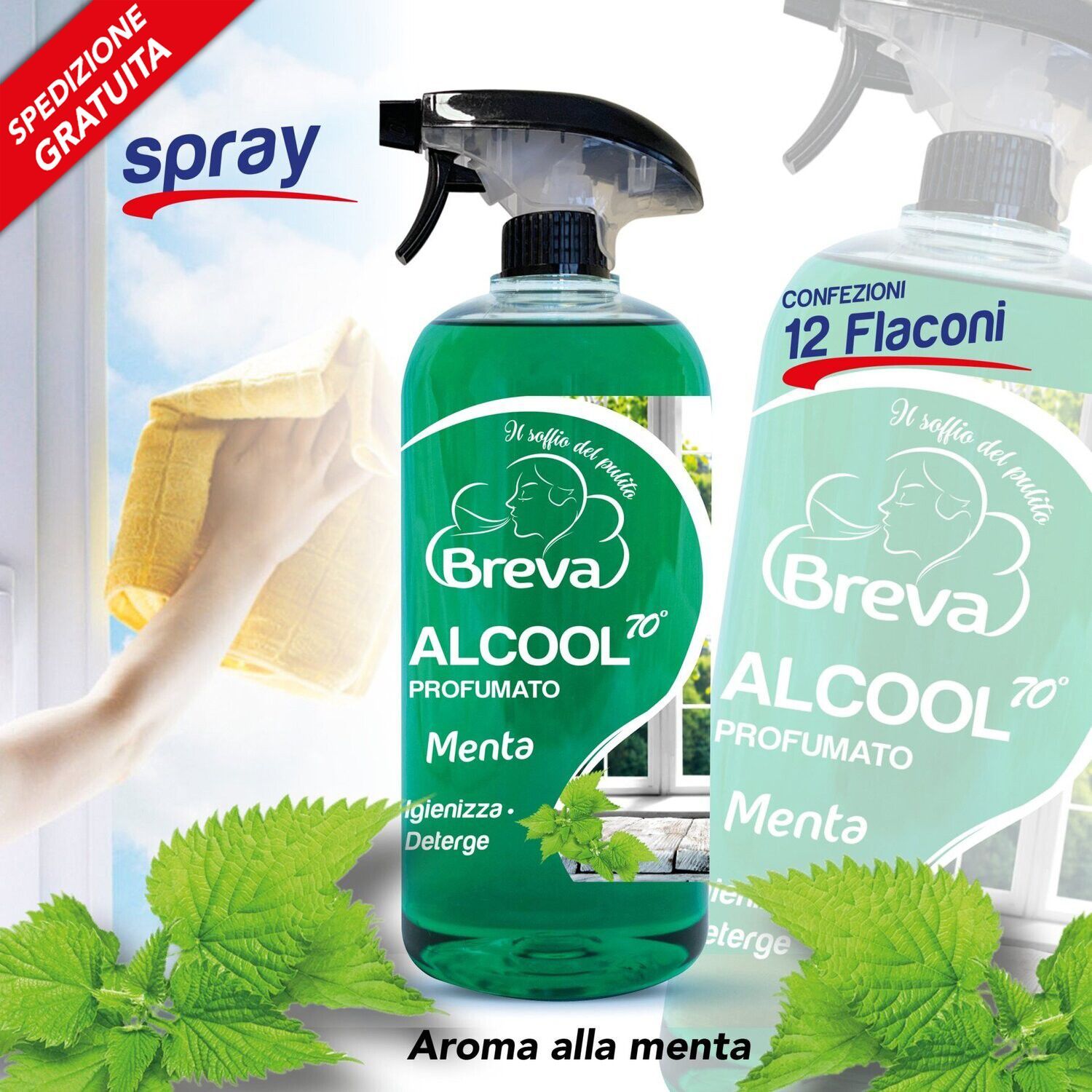 PROMO SPEDIZIONE GRATUITA ALCOOL COLORATO 70° SPRAY PROFUMATO MENTA 750 ML (Conf. 12 flaconi)
