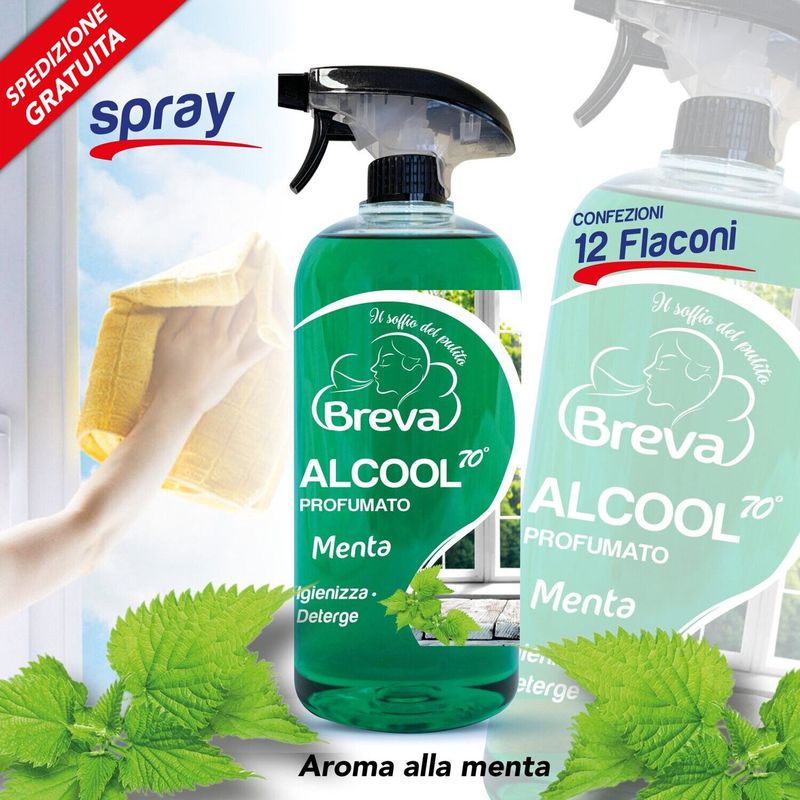 PROMO SPEDIZIONE GRATUITA ALCOOL COLORATO 70° SPRAY PROFUMATO MENTA 750 ML (Conf. 12 flaconi)