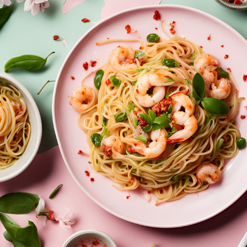 Spaghetti with chili flakes, sliced garlic and prawns Spaghetti with chili flakes, sliced garlic and prawns