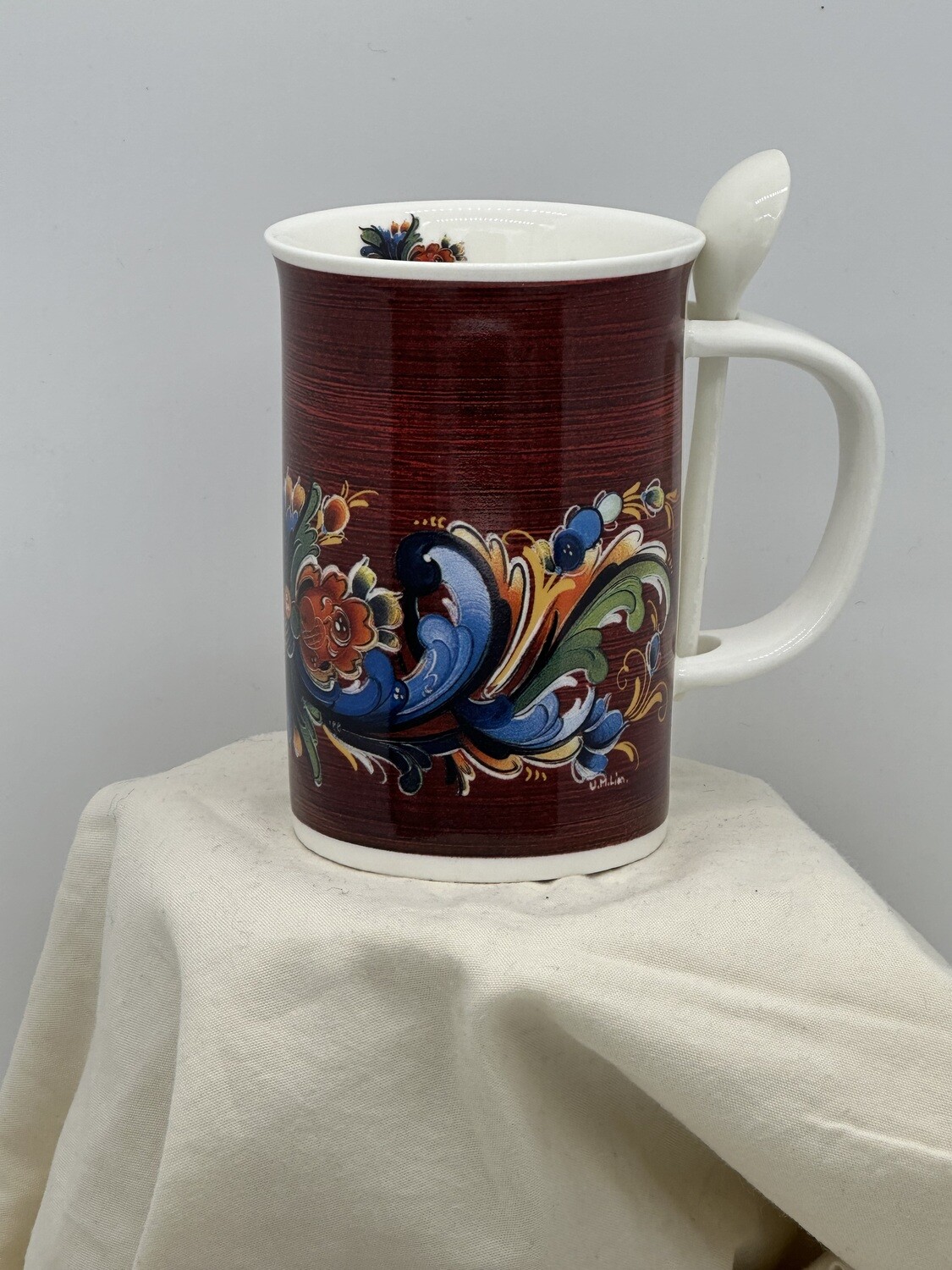 Coffee Mug-Rosemaled Red W/spoon