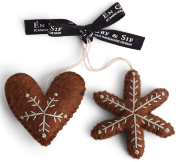 Felt Ornament Gingerbread Heart Star Set Of 2