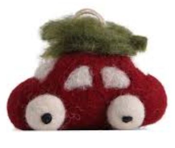 Ornament Felt Red Car W/Tree