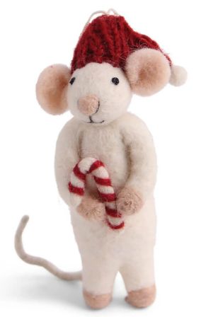 Ornament Felt White Mouse W/ Candy Cane