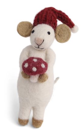 Ornament Felt White Mouse W/ Mushroom