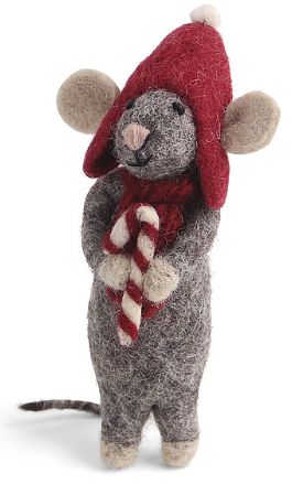 Ornament Felt Grey Mouse W/ Candy Cane