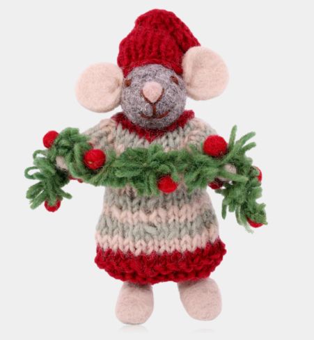 Ornament Felt Grey Mouse W/ Garland