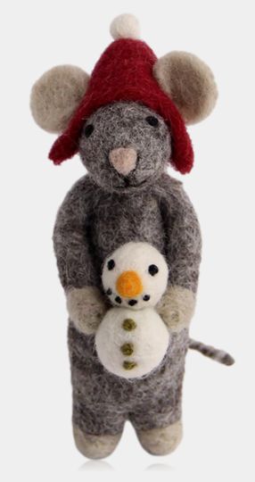 Ornament Felt Grey Mouse W/Snowman