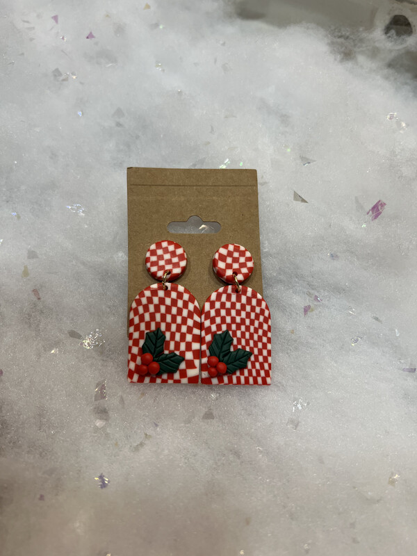 Red Checkered Earrings with Mistletoes