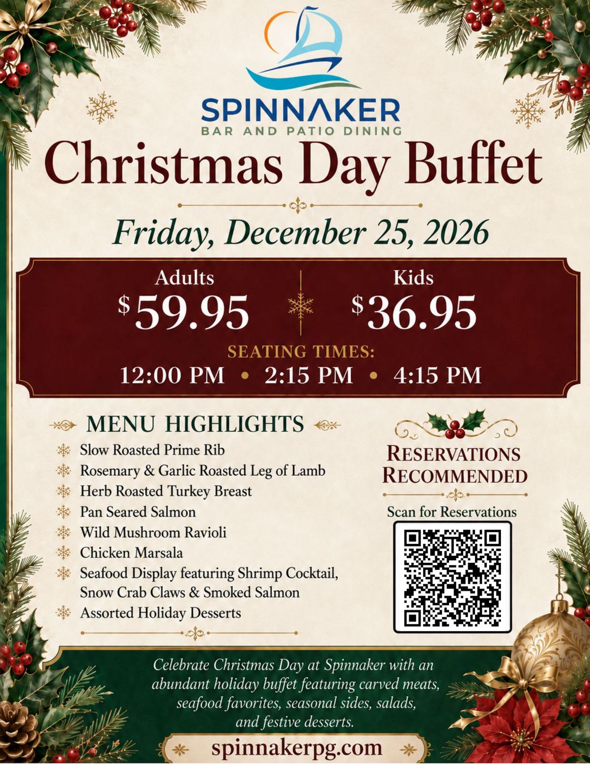Christmas Dinner Buffet @ Spinnaker Bar &amp; Patio Dining (December 25th)