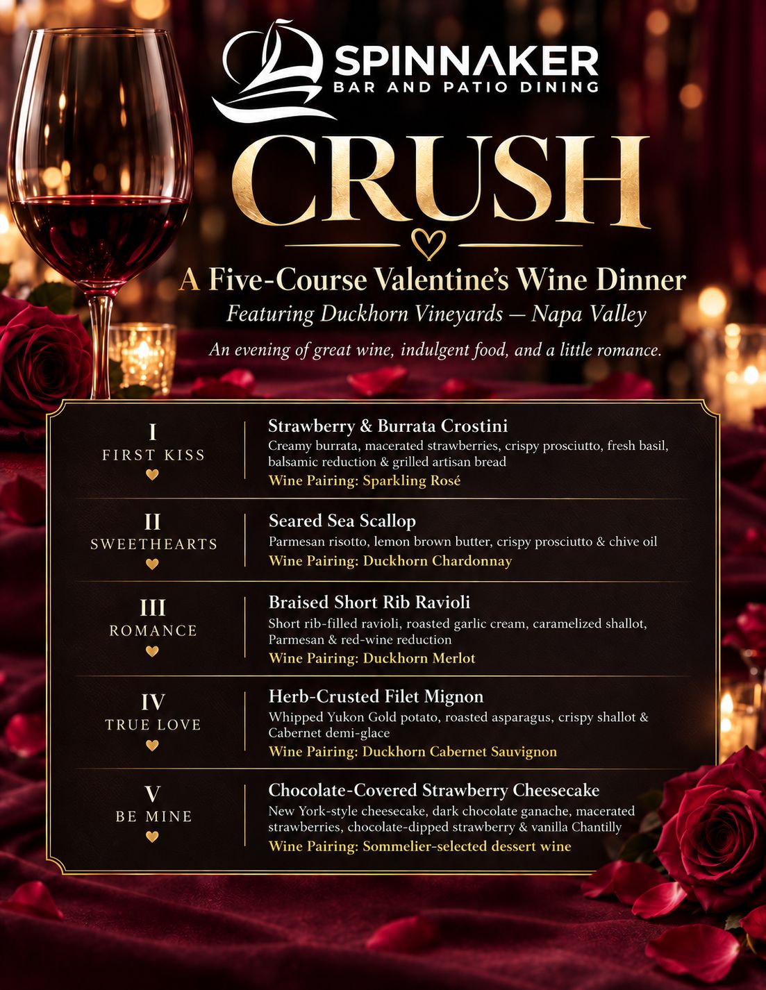 CRUSH A Valentine’s Wine Dinner (February 14)