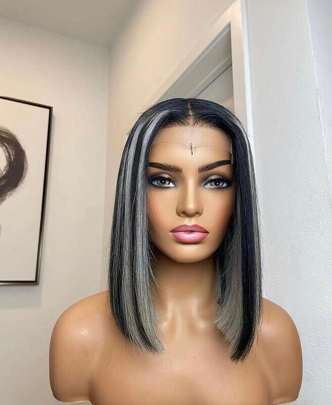 14&#39; inches 5*5 lace frontal black plus grey highlights