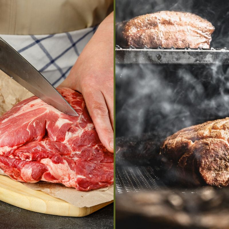 Pork Roast Special Marbled raw pork roast cut on a board, beside a smoked, sizzling roasted pork special on a BBQ grill.