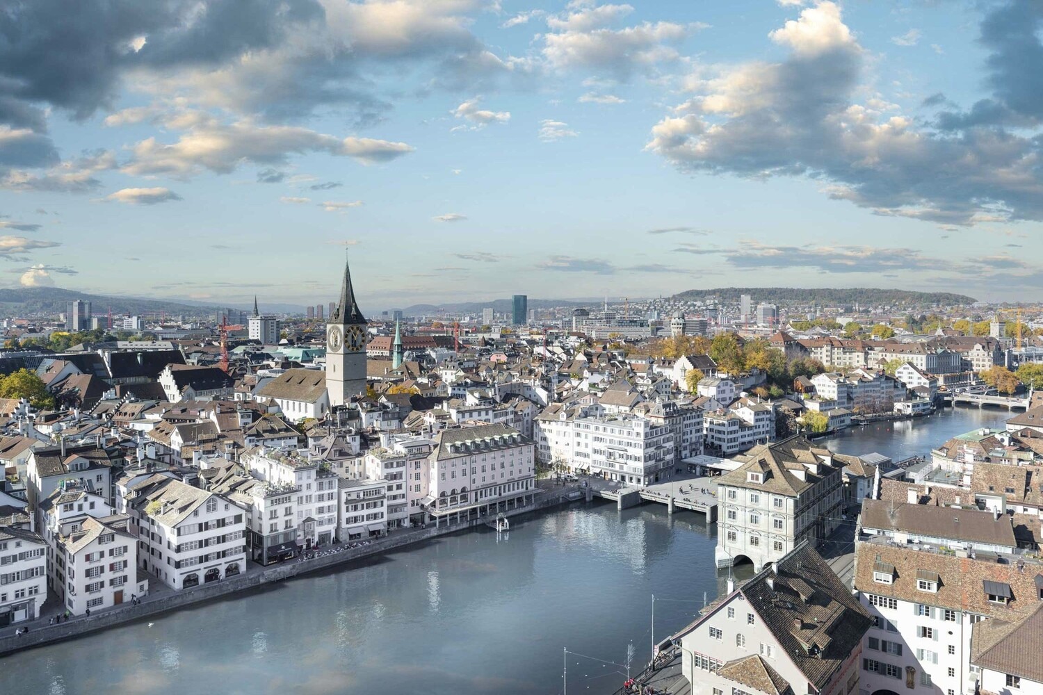 Leinwandprint Zürich mit Wühre/Limmat/St.Peter in Farbe 140x90x4cm
