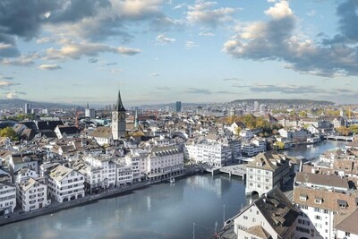 Leinwandprint Zürich mit Wühre/Limmat/St.Peter in Farbe 140x90x4cm