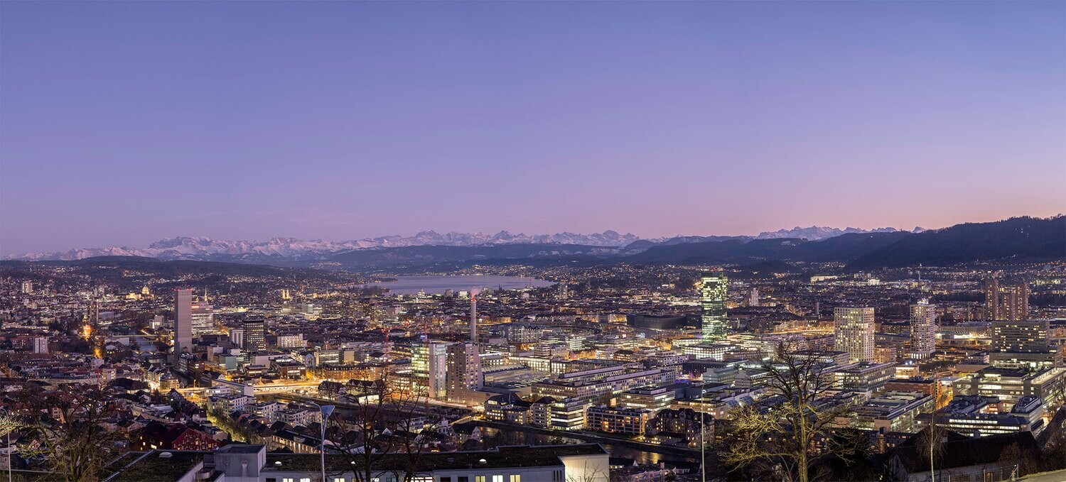 Leinwandprint  Zürich am Abend von der Waid Panoramabild 100x42x2cm