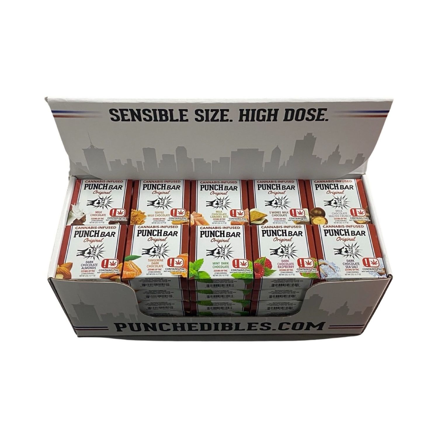 Display box of Punch Bar Original cannabis-infused chocolate bars in various flavors, labeled 'Sensible Size. High Dose.' Available for delivery in NYC via FamilyZa.com.