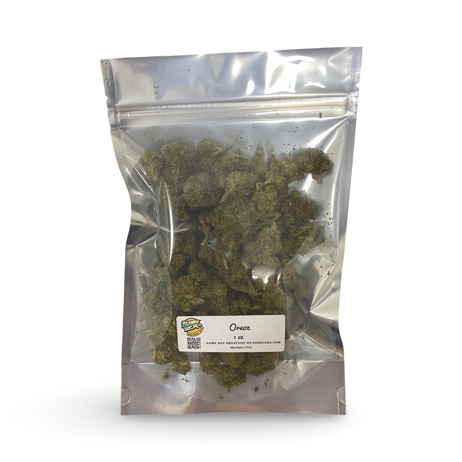 Oreoz cannabis strain in 28g Family Za ounce bag – potent hybrid with s’mores aroma for relaxation