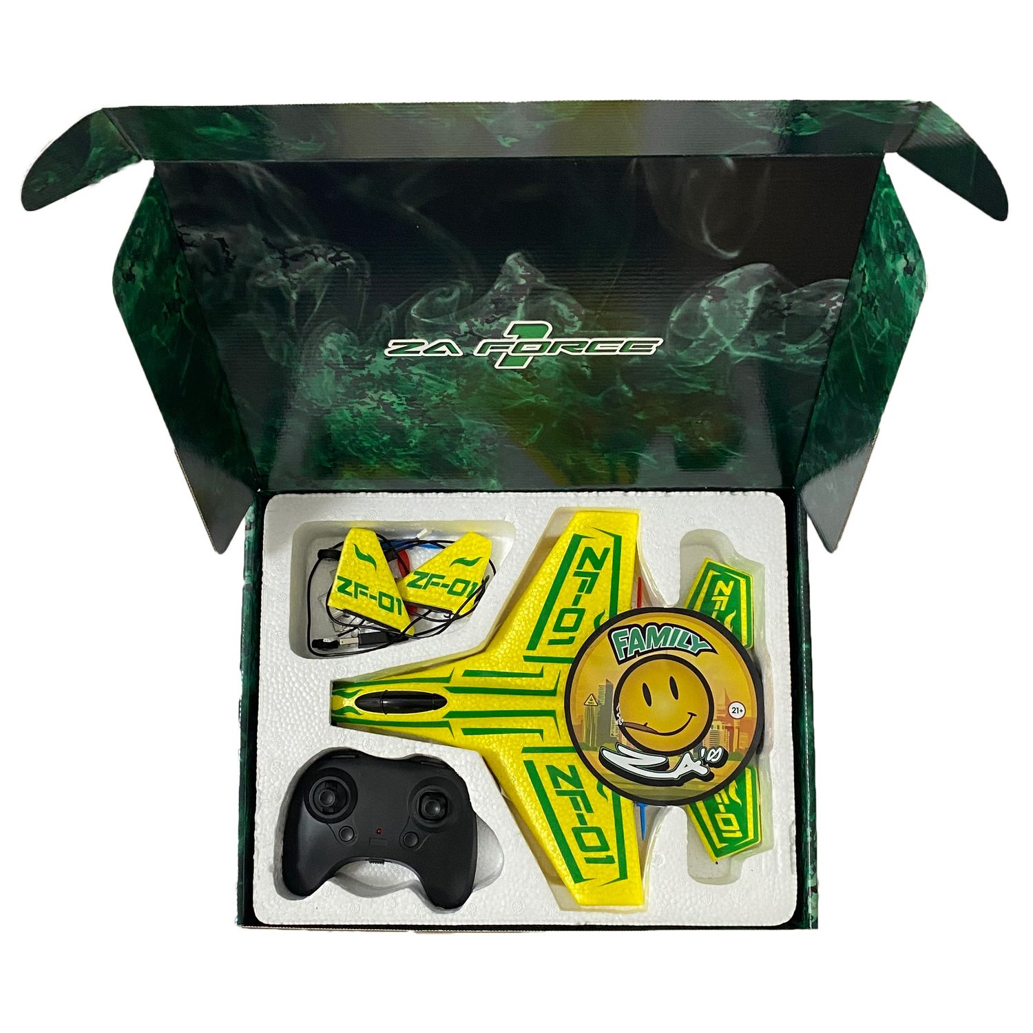 ZA Force 1 collector’s box with RC jet and Cat Piss flower — front view showing branding and contents
