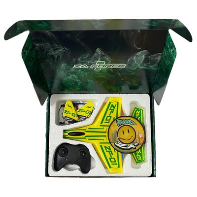 ZA Force 1 collector’s box with RC jet and Cat Piss flower — front view showing branding and contents