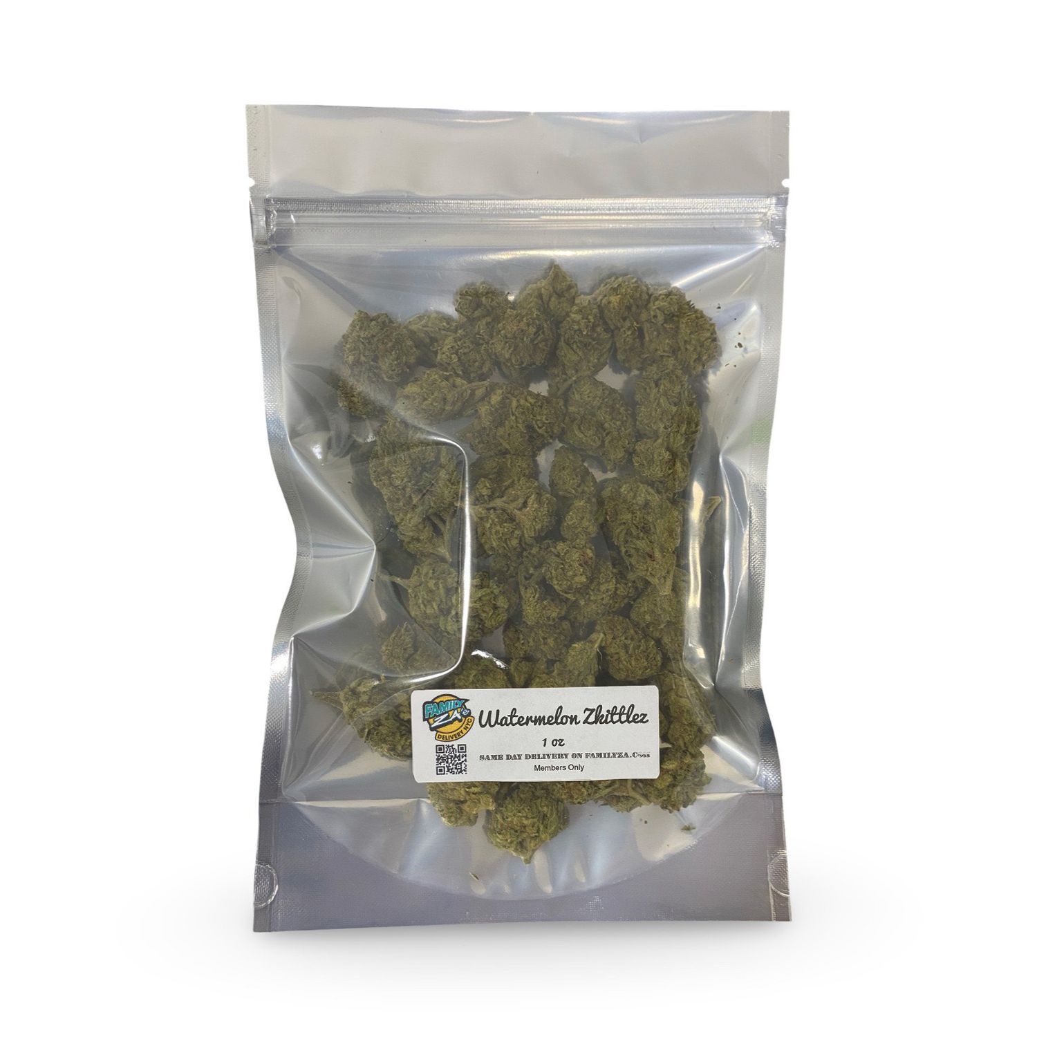 One ounce of Watermelon Zkittlez flower in Family Za pouch – premium NYC weed delivery