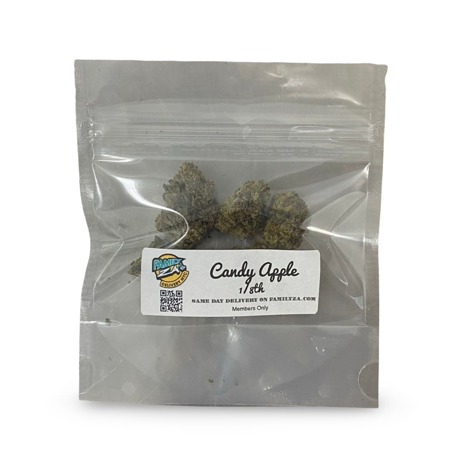 Candy Apple eighth in Family Za delivery pouch – premium NYC marijuana delivery service