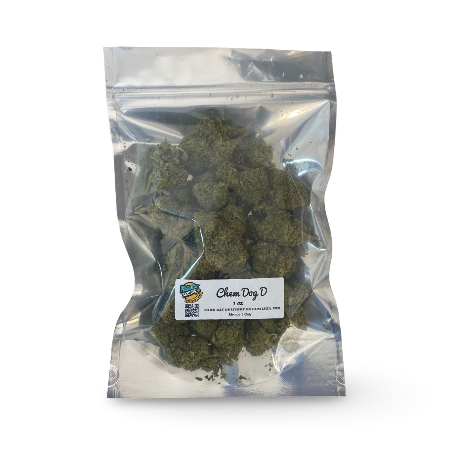 Silver Tier Chem Dog D cannabis flower – dense buds with frosty trichomes, showcasing hybrid strain with vanilla gas aroma