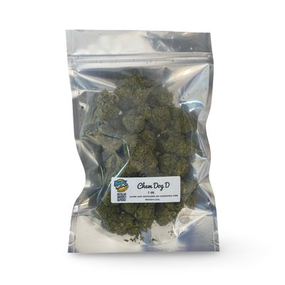 Silver Tier Chem Dog D cannabis flower – dense buds with frosty trichomes, showcasing hybrid strain with vanilla gas aroma