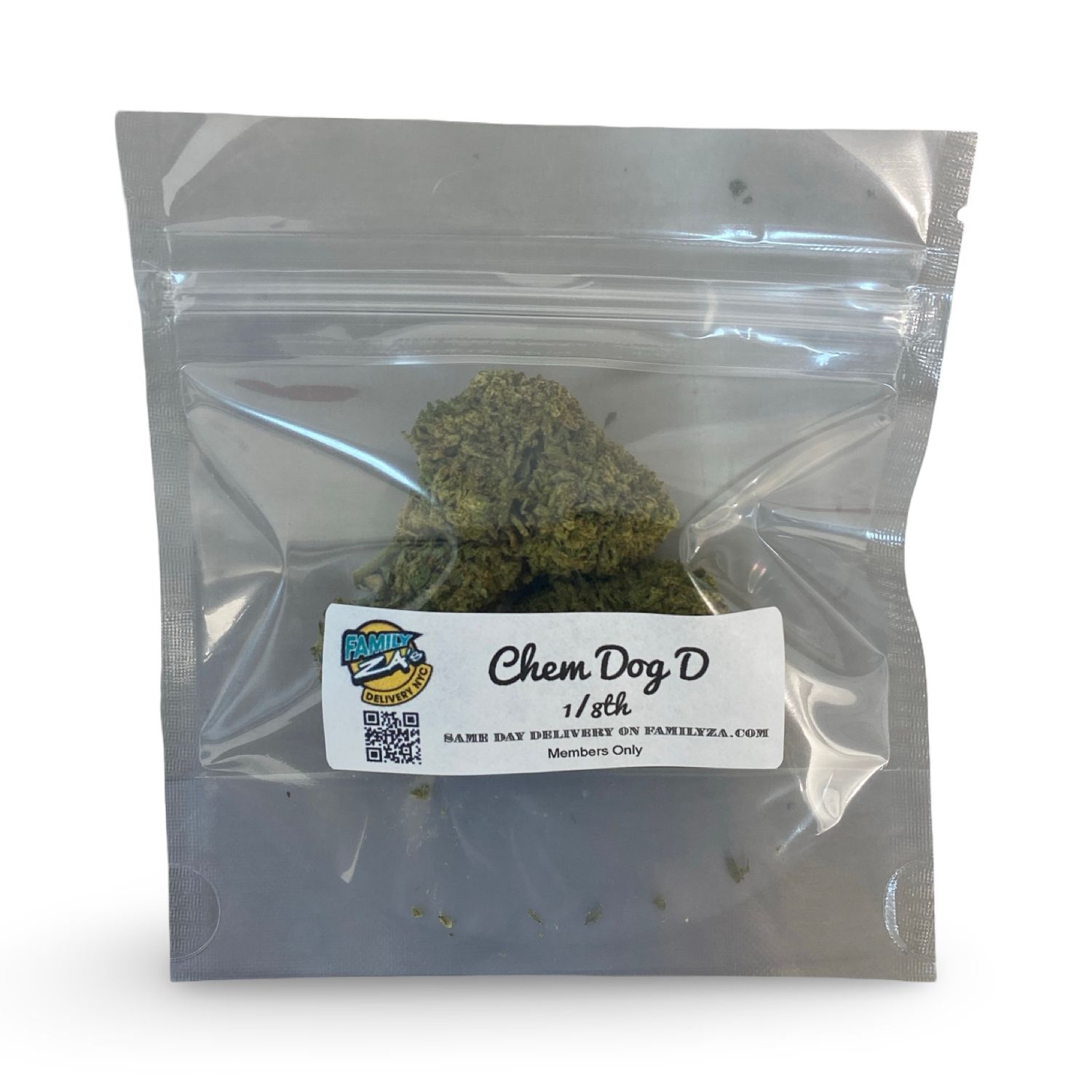Close-up of Chem Dog D buds from Family Za – hybrid strain with Silver Tier quality, bred from Gold Dawg and Chem Cake