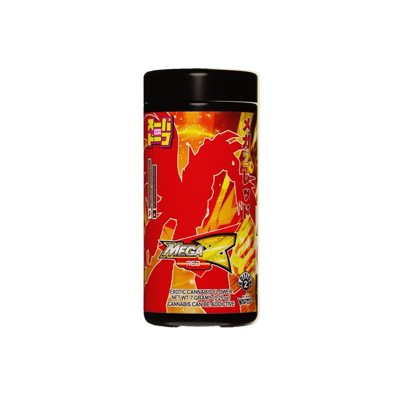Super Dope Mega Z Red 7g cannabis flower jar with bold red design, exotic hybrid strain packaging featuring premium top-shelf