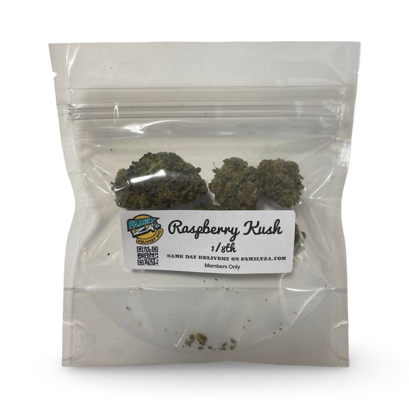 Raspberry Kush 8th in Family Za's packaging