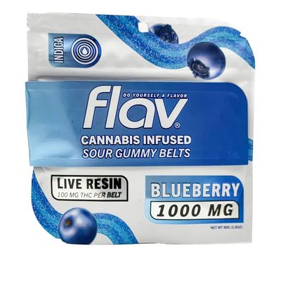 Flav Live Resin Sour Gummy Belts | Blueberry | Indica | 100MG | 1000MG Flav Live Resin Sour Gummy Belts