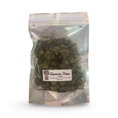 Amnesia Haze | Sativa-Hybrid | Silver Ounce Amnesia Haze in Family Za's Delivery Ounce Bag