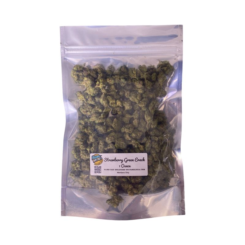 Family Za Strawberry Green Crack Smalls one ounce gold quality cannabis small nugs in clear resealable bag for same day deliv
