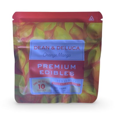 Dean & Deluca Gummies | Orange Mango | Hybrid | 50MG | 500MG Dean & Deluca Orange Mango Premium Edibles – Hybrid solventless rosin THC gummies, 500 mg total, orange and yellow mango