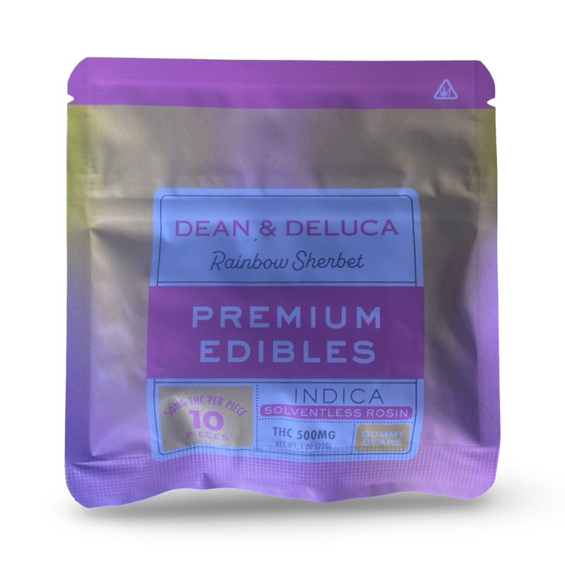 Dean & Deluca Rainbow Sherbet Premium Edibles – Indica solventless rosin THC gummies, 500 mg total, pink and gold packaging