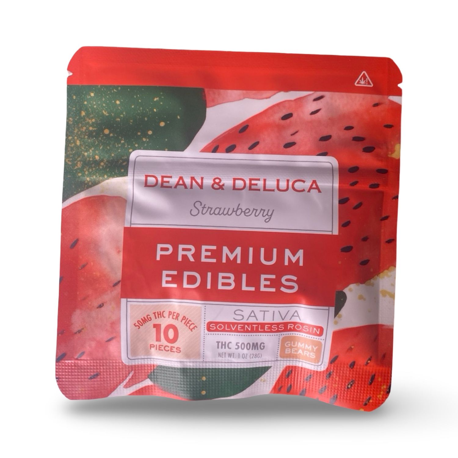 Dean & Deluca Strawberry Premium Edibles – Sativa solventless rosin THC gummies, 500 mg total, red strawberry watercolor pack