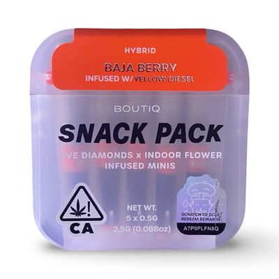 BOUTIQ Snack Pack Prerolls | Hybrid | Baja Berry Infused w/ Yellow Diesel Boutiq Snack Pack Baja Berry Hybrid live diamond infused mini pre-rolls with Yellow Diesel – 5 pack of 0.5g cannabis minis