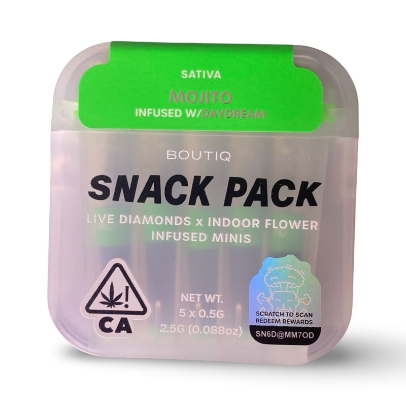 Boutiq Snack Pack Mojito Sativa infused with Daydream live diamond mini pre-rolls – 5 pack of 0.5g cannabis minis in green 