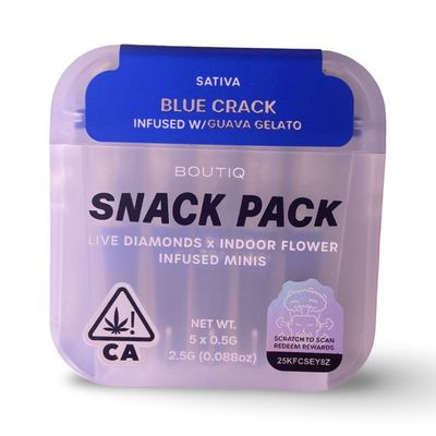 BOUTIQ Snack Pack Prerolls | Sativa | Blue Crack Infused w/ Guava Gelato Boutiq Snack Pack Blue Crack Sativa infused with Guava Gelato live diamond mini pre-rolls – 5 pack of 0.5g cannabis minis