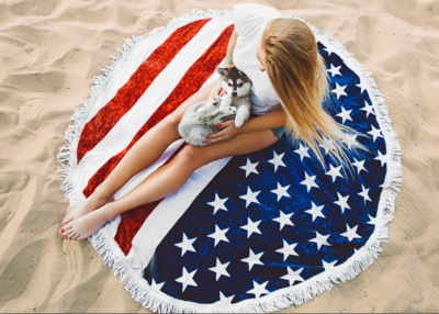 American Dreamer 100% Cotton Round Beach / Pool Towel with Fringes