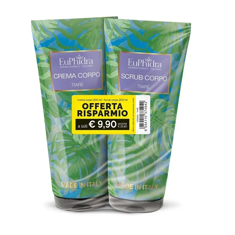 EUPHIDRA SCRUB+CREMA CORPO TIARÈ PER ESFOLIAZIONE E IDRATAZIONE PELLE 2X200ML