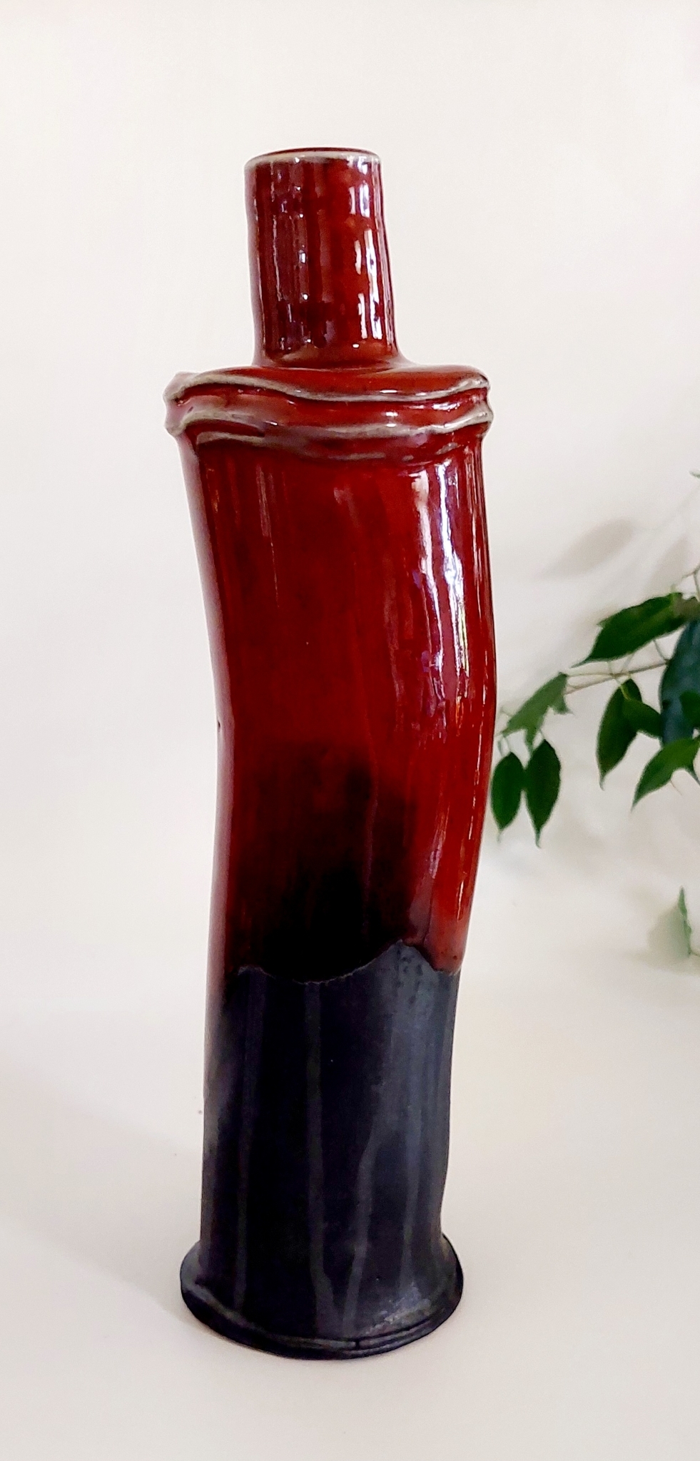One Tree Hill Pottery Vase in Copper Red and Black Matte Glaze, Quirky Shape.