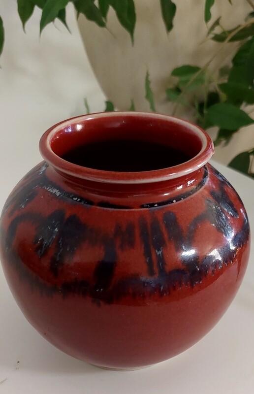 Tony Barnes, (Moonshine Pottery), Australian Pottery, Vase in Burgundy with Navy Trim, Suitable as a Gift.